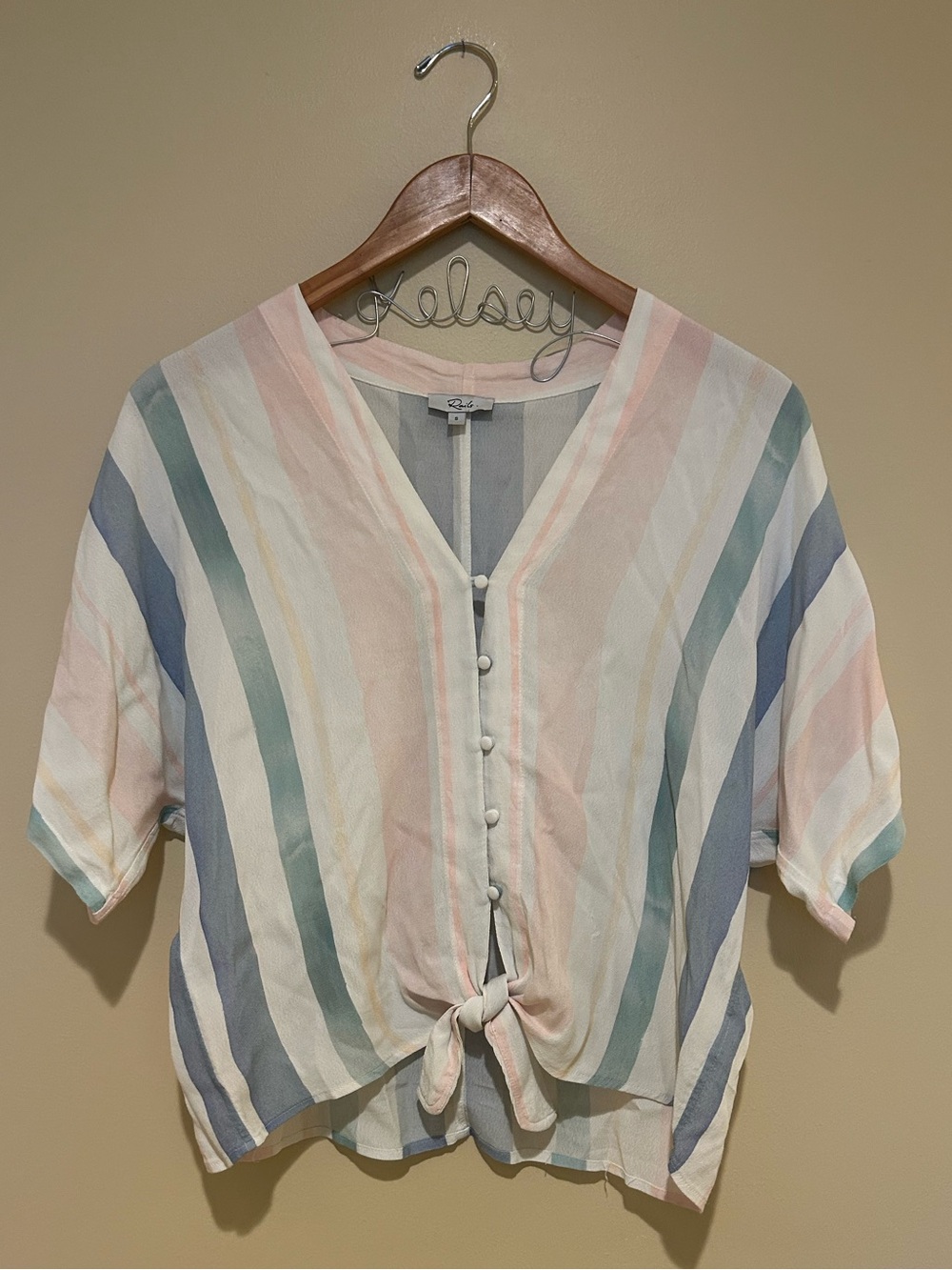 Rails Women Striped Pastel Tie-Front Blouse 100% Rayon Buttons Size Small